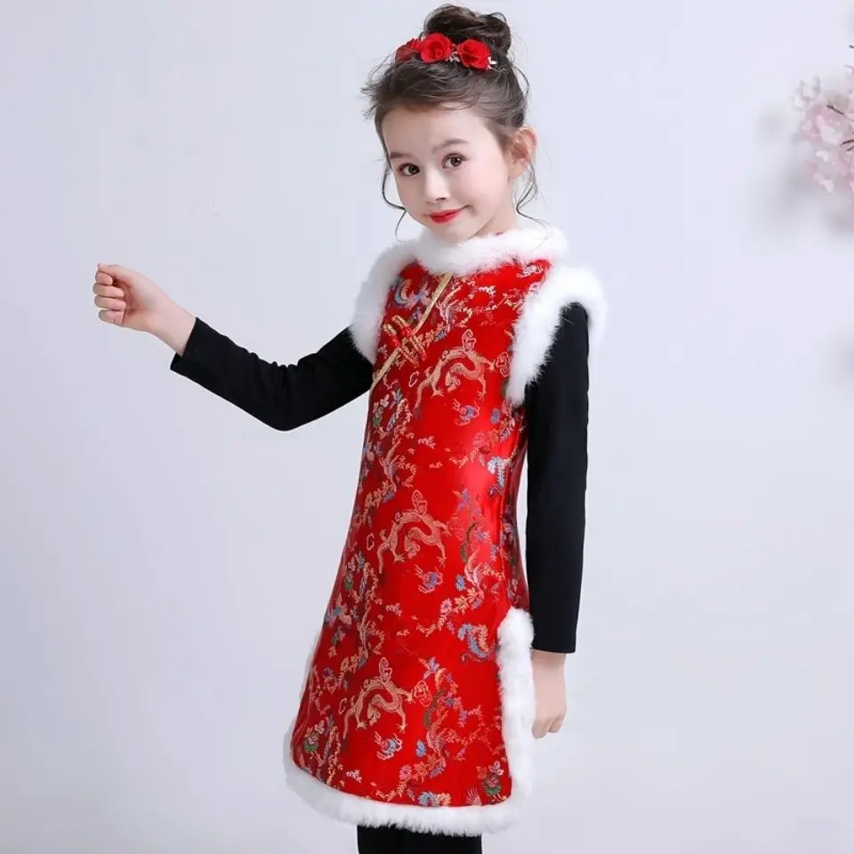 

Chinese New Year Dress For Girls Hanfu Cheongsam Tradition Wedding Flower Cheongsam Winter Baby Kid Hanfu Tang Suit Add Cotton