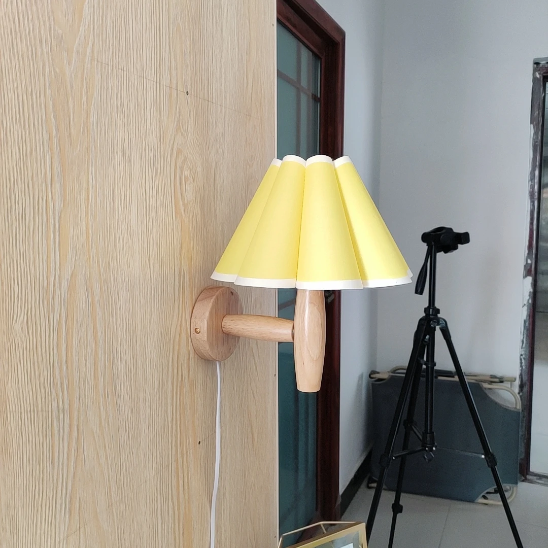 

Xianfan new Japanese style wood base Kitchen bedroom studying wall lamp with vintage cloth petal lampshade E27 night light