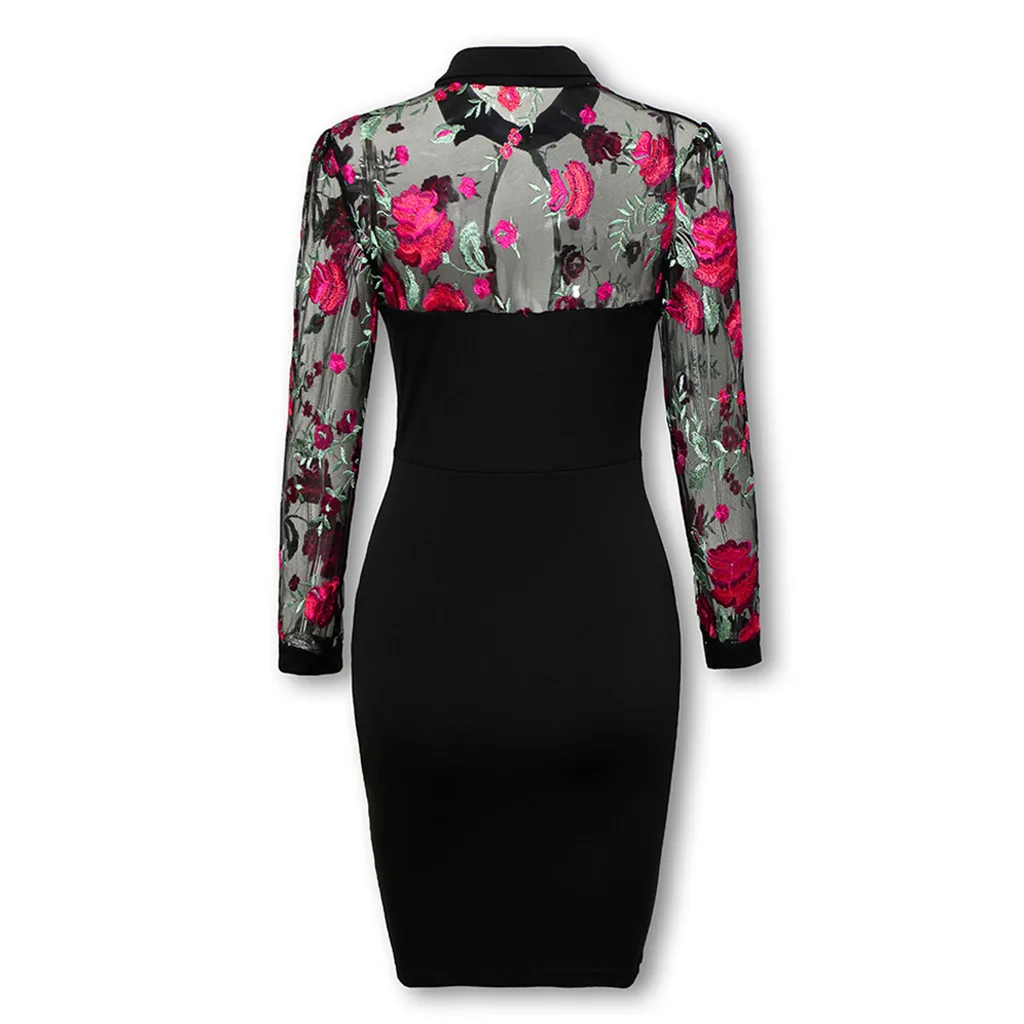 CHAMSGEND Dress Women Fashion Sheer Floral Embroidery Mesh Patchwork Brief Sexy Long Sleeve Casual Work Vestido F215 | Женская одежда