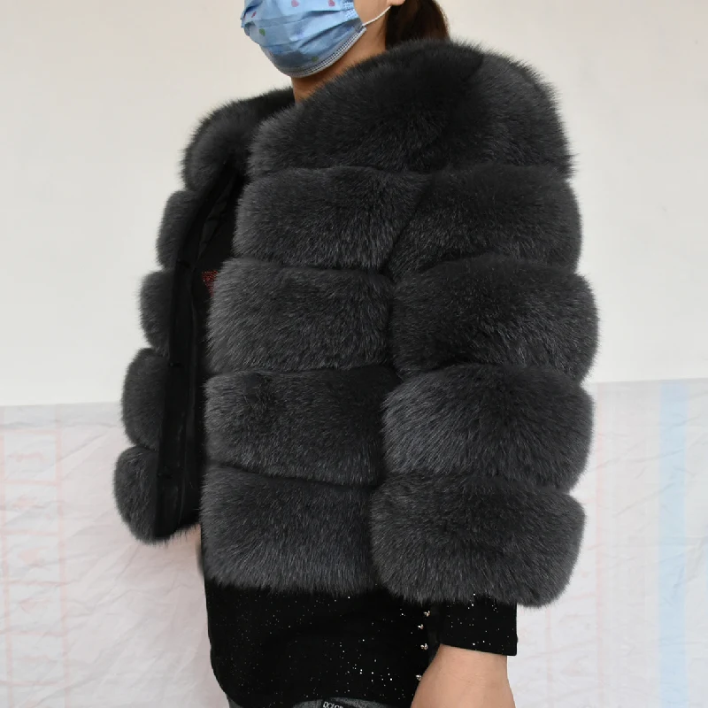 Real Fox Fur Coat Women Winter Natural Fur Jacket Outerwear Overcoat Short