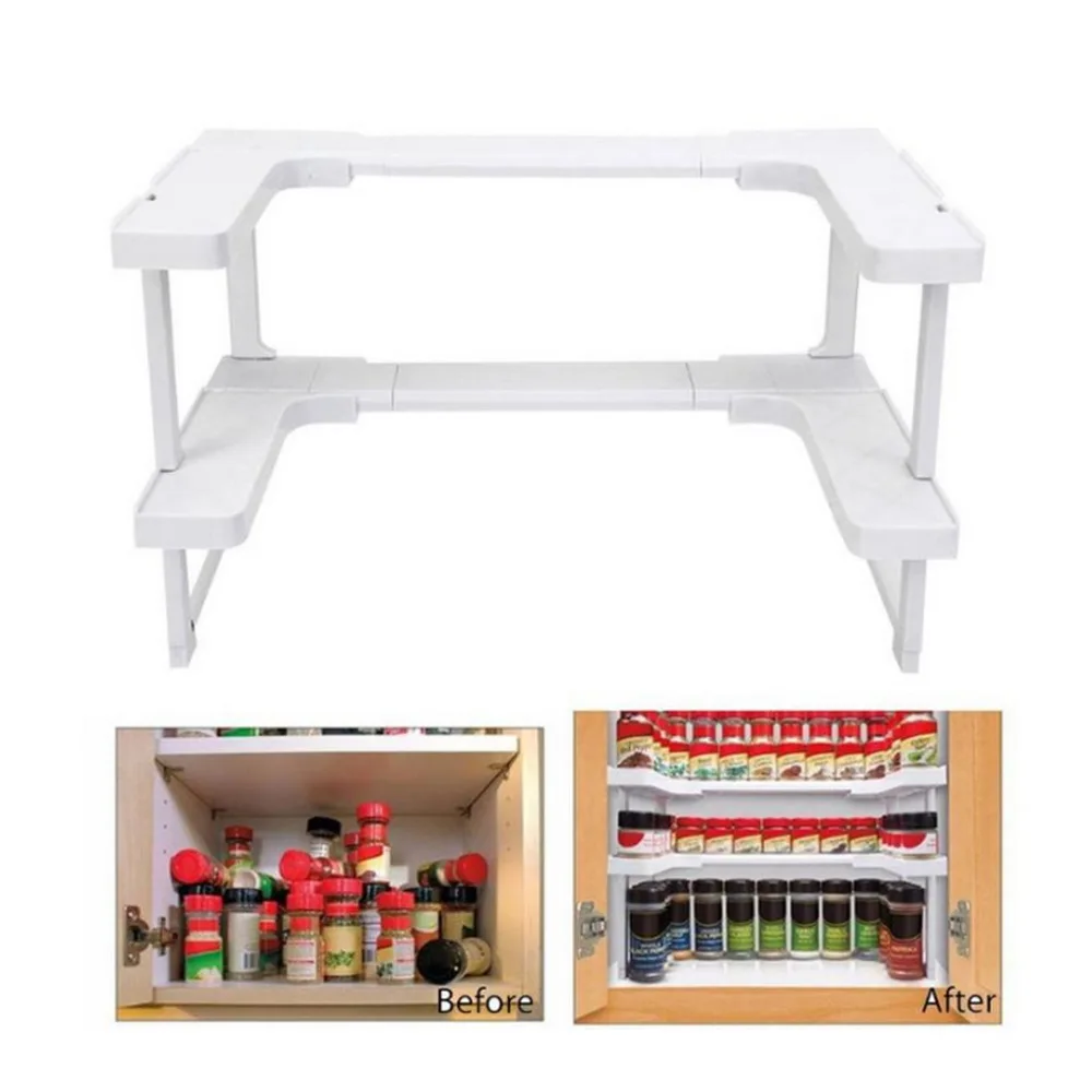 

2 Layers Adjustable Space Rack Cabinet Kitchen Bathroom Rack Stackable Storage Organizer Shelving Spice Jar Shelf DropShip