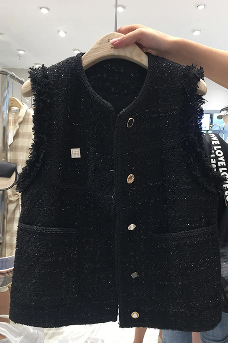 

2021 Spring New Tweed Rough Edge Warm Sleeveless Waistcoat Women Black Vest Female All-matching Cardigan Clothing