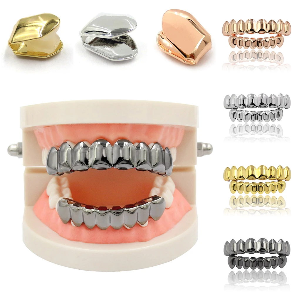 

Gold Silver Plated Hip Hop Teeth Grillz Top& Bootom Groll Set With Silicone Vampire Teeth Removable Dental Fashion Jewelry