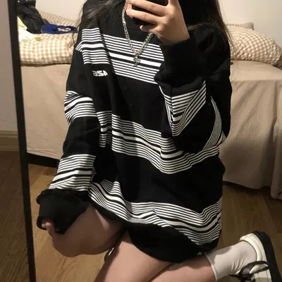 

CMAZ Autumn Thin Sweater Women's Striped Mid-Length Loose Hundred