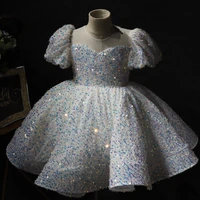 white tulle glitter baby girl dresses knee length short sleeve flower girl dress princess first communion dress baptism gown