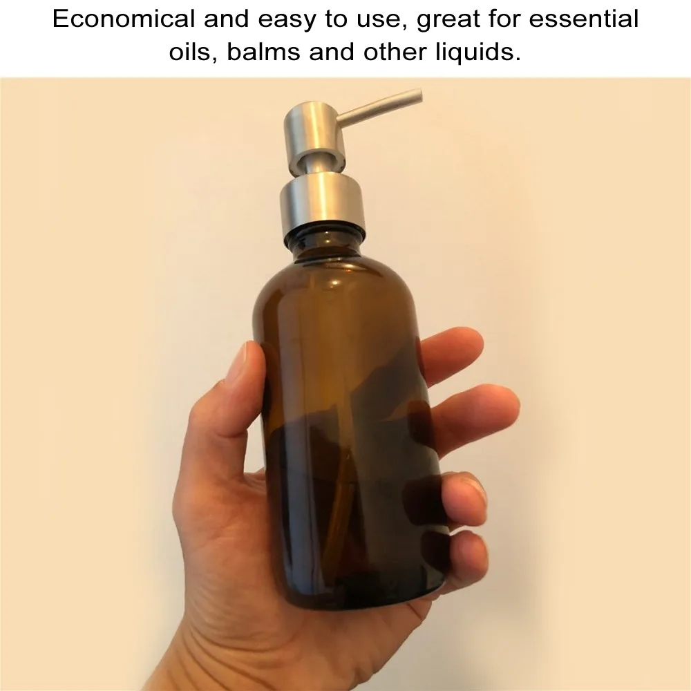 

2 Pack Thick Amber Dispenser Bottles with Silver Stainless Steel Pump 240ML for Kitchen and Bathroom