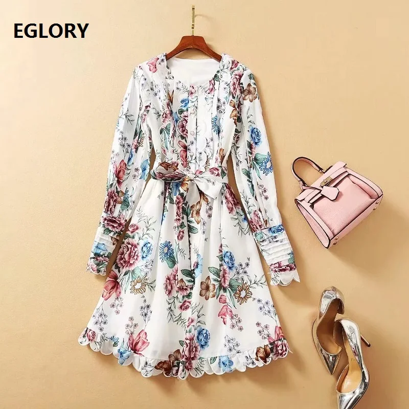 

2021 Spring Summer Fashion Style Dress High Quality Women O-Neck Wave Embroidery Runway Print Long Sleeve Party Ladies Dresses