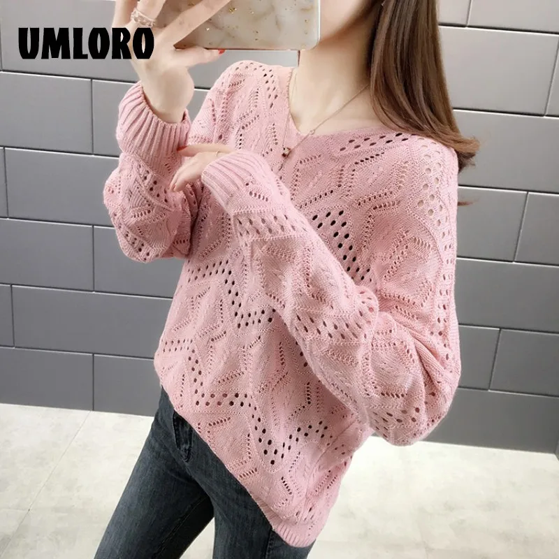 

New Fashion Women Autumn Winter Sweaters Hollow Out Design See Throough V-neck Long Sleeve Solid Color Casual Loose Knitted Top