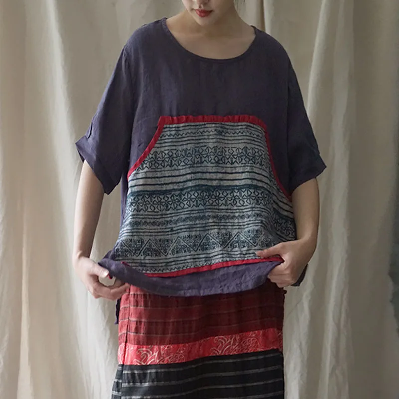 Vintage Floral Print Patchwork Pocket Women Top 2019 Summer New Casual Fashion O-neck All-match Short Sleeve | Тематическая одежда