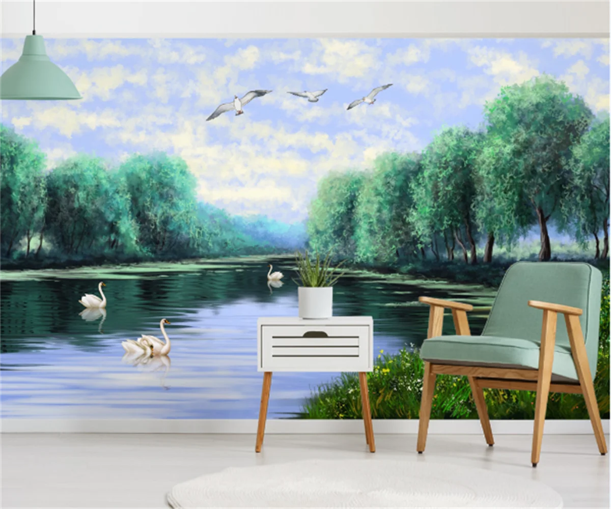 

Professional custom Nordic small fresh bird blue sky lake water swan forest oil painting background wallpaper photo mural