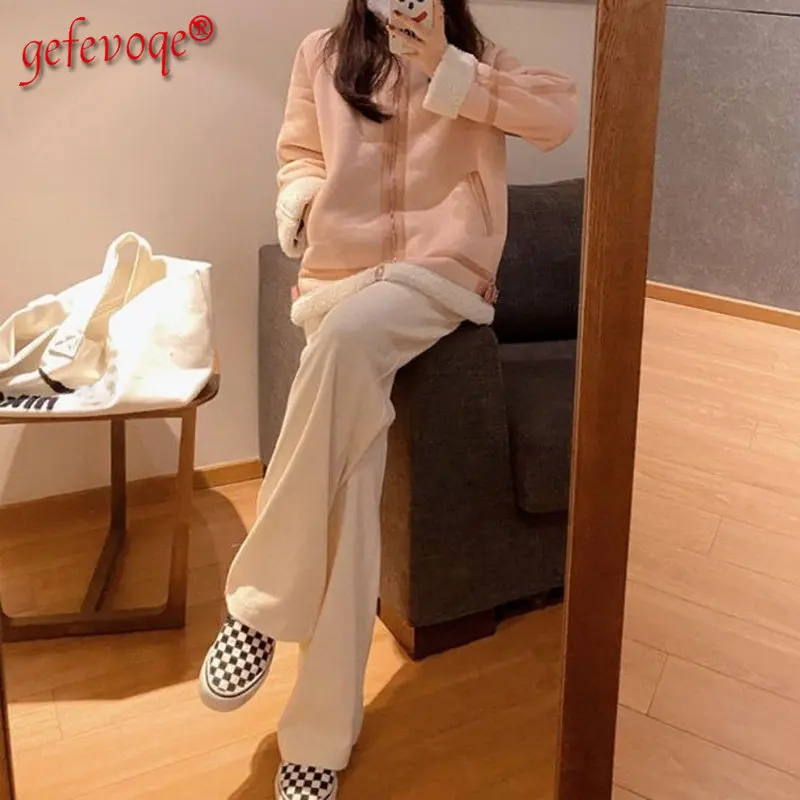 

2022 Fall Winter Y2k Harajuku Plus Velvet Warm Casual Female Trousers Women's High Waist Straight Loose Corduroy Wide Leg Pants