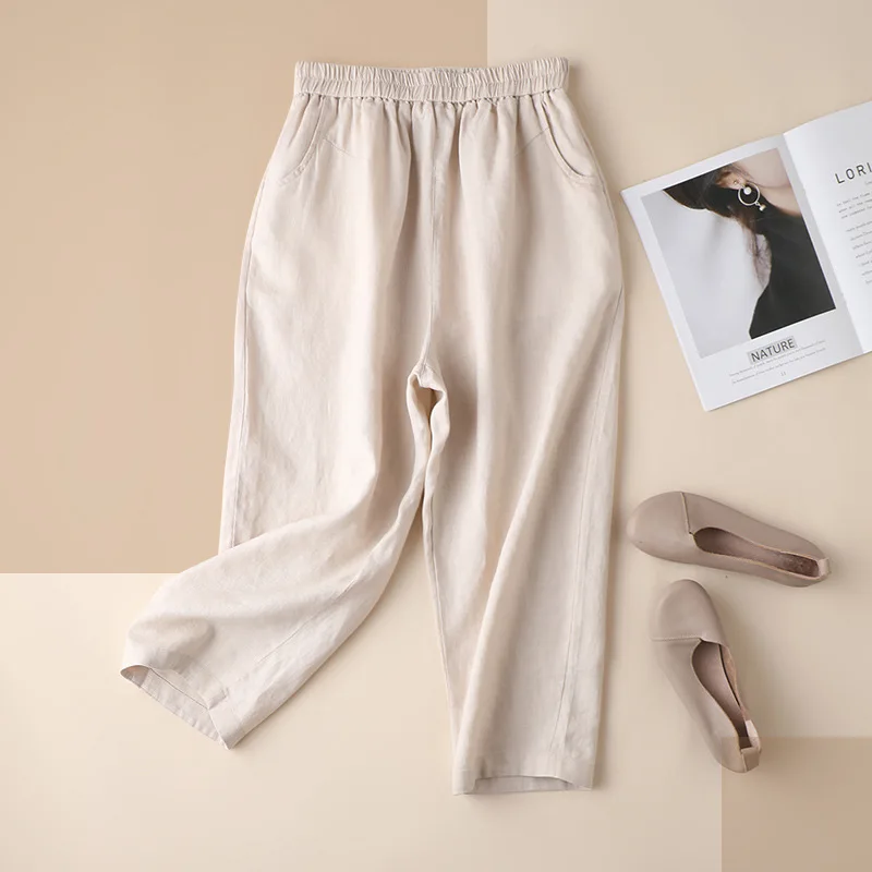 

Shuchan Linen Pants for Women 2021 Summer Calf-Length Pants Casual Elastic Waist Solid High Waist Harem Pants