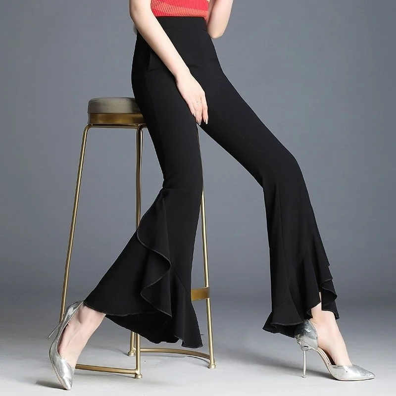 

Flare Pants Women Black Baggy Ruffle Pantalon Femme Korean Fashion Vintage High Waist Trousers Clothes Casual Slim 2022 New