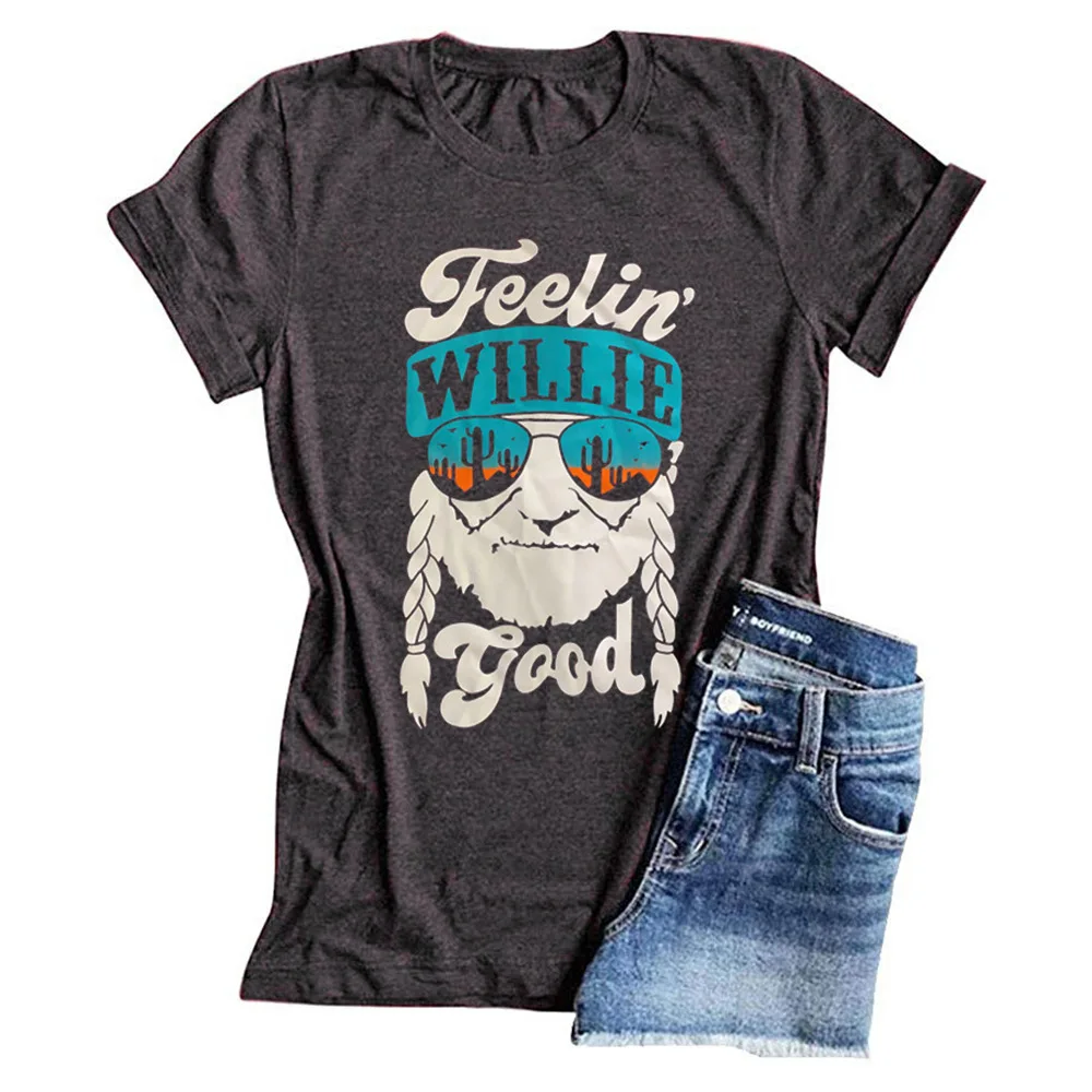 

2021 cross-border women's blouse FEELIN WILLIE GOOD letter printed round neck short sleeve