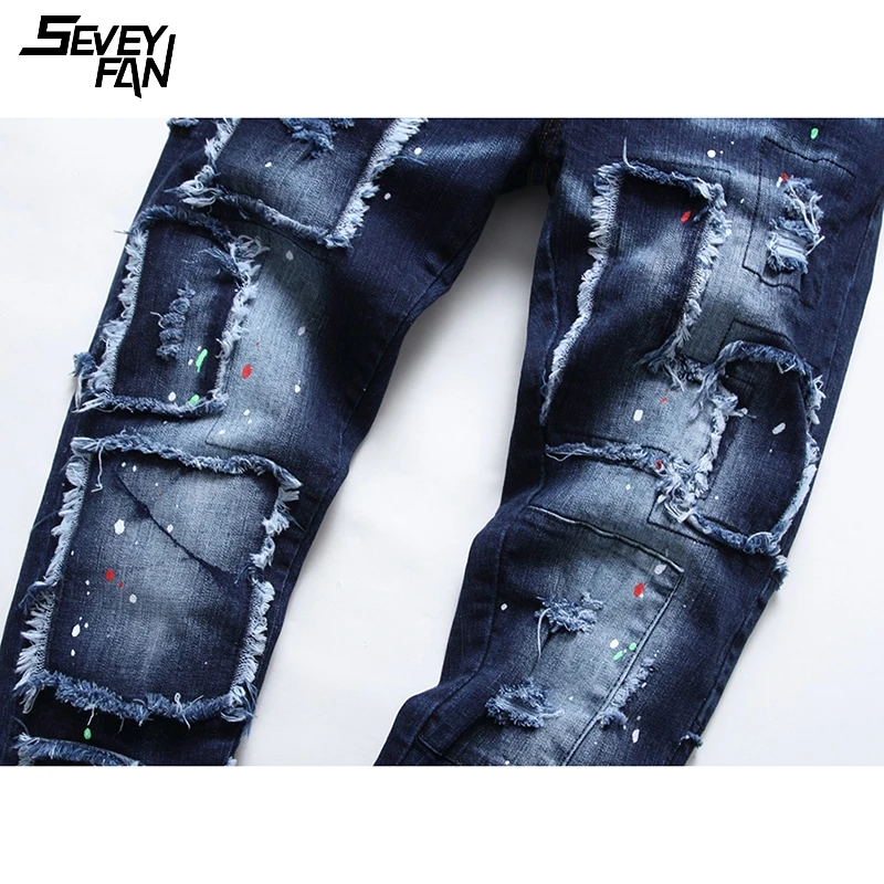 Джинсы с дырками в стиле хип-хоп синие модные облегающие джинсовые брюки пэчворк