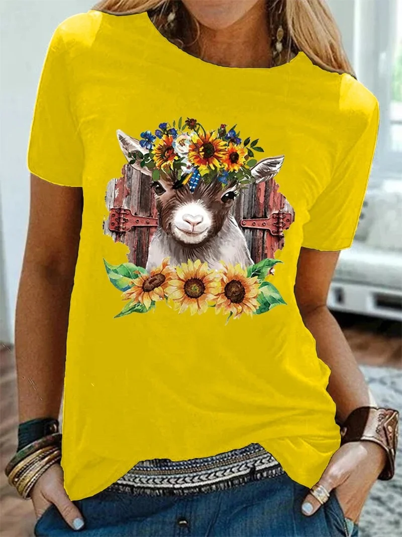 

Women Sheep Head Sunflower Floral Casual 90s Printing Tshirt Female Summer Harajuku Tee T Shirt Clothes Tops Graphic T-shirt