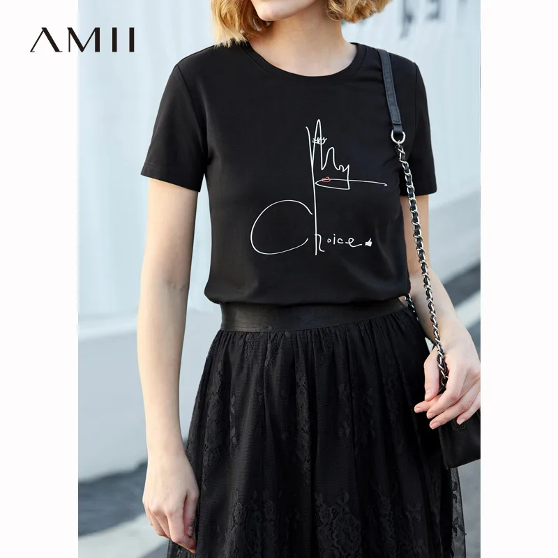 Женская футболка с короткими рукавами Amii Однотонная круглым вырезом и буквенным