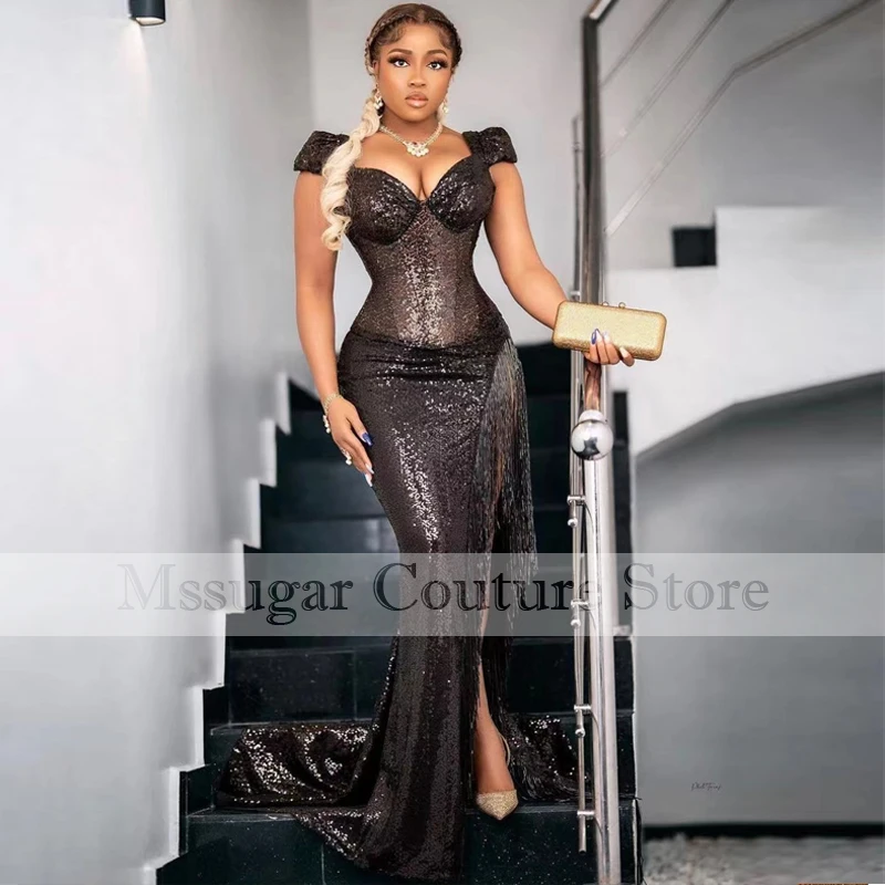 

Aso Ebi Sexy Sequin Mermaid Prom Dress Sweetheart Illusion Off Shoulder Celebrity Party Dresses 2021 Plus Size