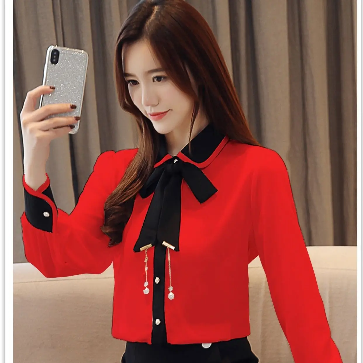 2020 модная атласная блузка с бантом женская рубашка длинным рукавом шифоновая