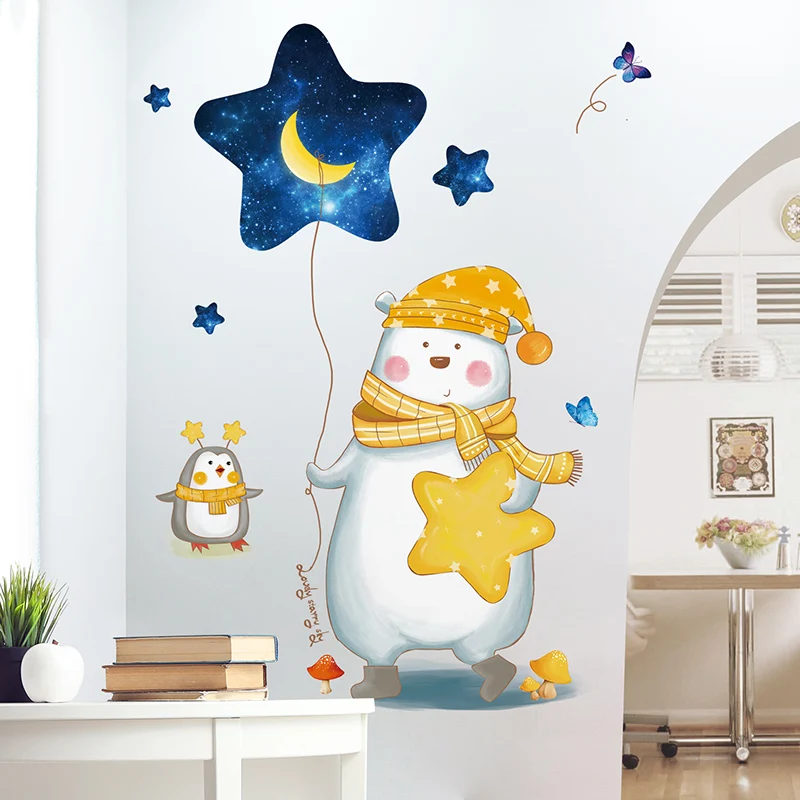 [SHIJUEHEZI] медведь Пингвин Животные наклейки на стену виниловые DIY звездное небо Луна Наклейки на стены для детской комнаты детские украшения дома