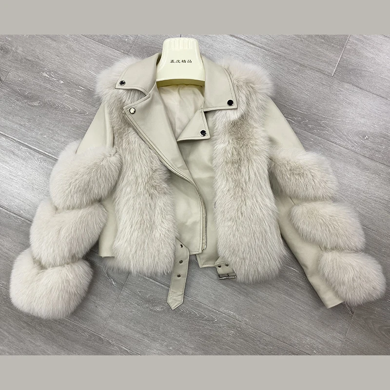 2020 Winter Hot Sale 100% Genuine Fox Fur Leathe Jackets Sheepskin Coat Fashion Women Thick Fox Fur Locomotive Jacket