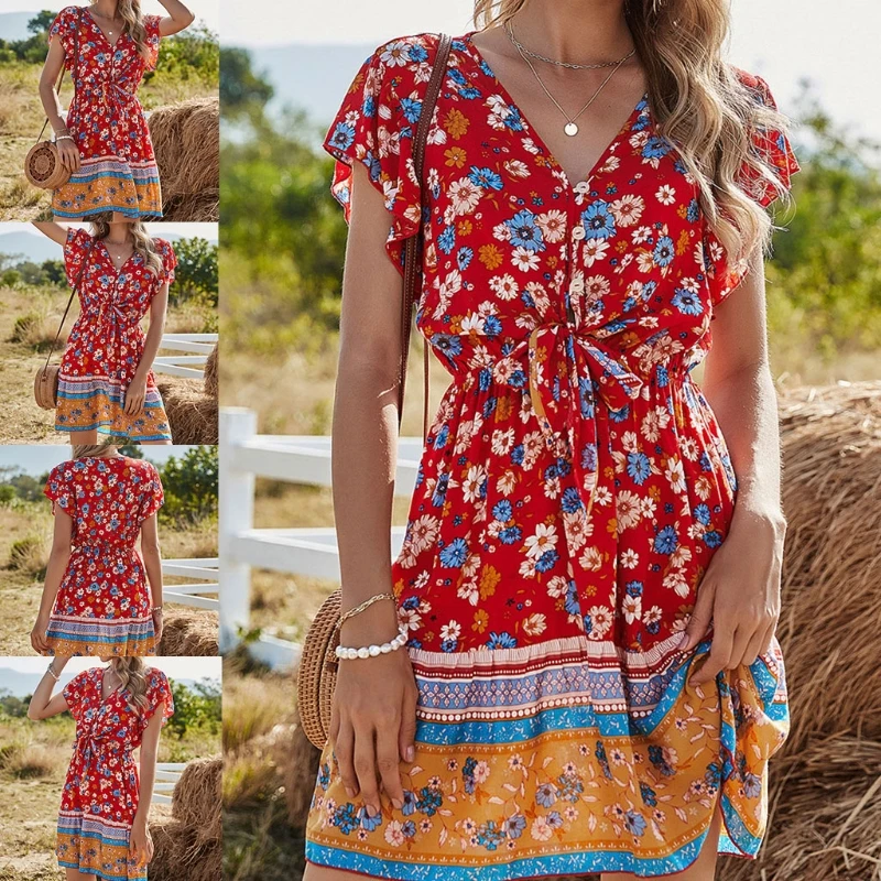 

Women Floral Printing A-Line Strap High Waist Short Sleeve Flowy Short Dress Ladies V Neck Summer Beach Holiday Sundress
