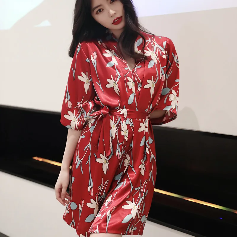 

Print Flower Kimono Robe Gown Sexy Rayon Nightgown V-Neck Sleepwear Summer Morning Bathrobe With Belt Loose Intimate Linngerie