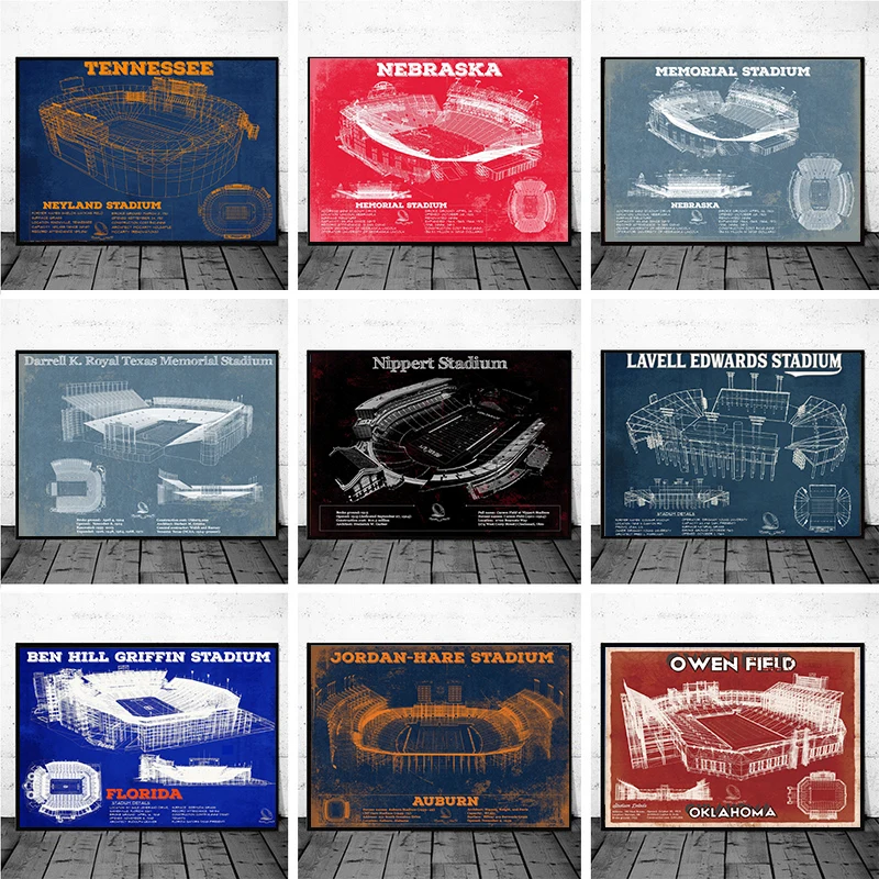 

American University Stadium Blueprint Poster Retro Canvas Painting Art Wall Picture Print Nordic Modern Home Decor Frameless