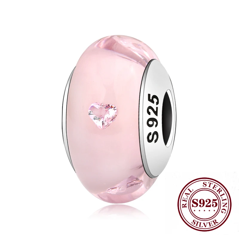 

Amaia 100% Authentic 925 Sterling Silver Pink Heart Murano Glass Beads Fit Original Charms Bracelet Jewelry