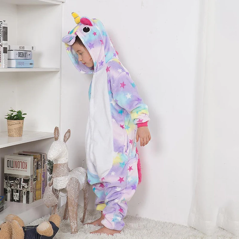 Зимние Детские пижамы с единорогом и радугой животными кигуруми фланелевые для