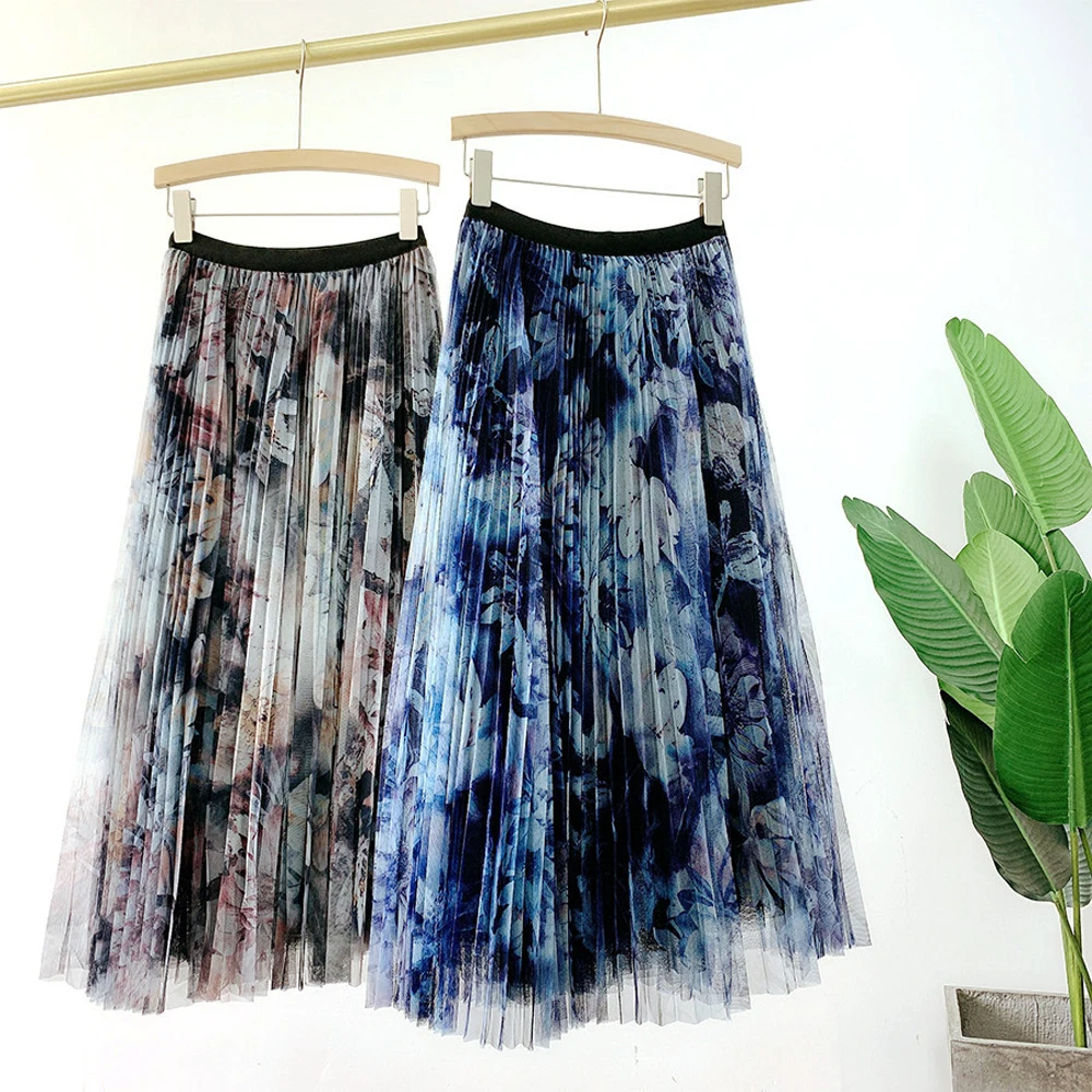 

SISHION Retro Ink print Long Tulle Skirt SP1353 Blue Khkai High Waist Floral Plasted Skirt 2021 Spring New
