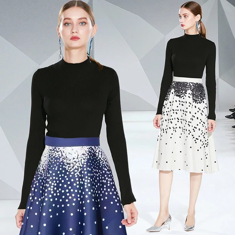 Женский дизайнерский элегантный костюм с юбкой черный вязаный свитер длинным