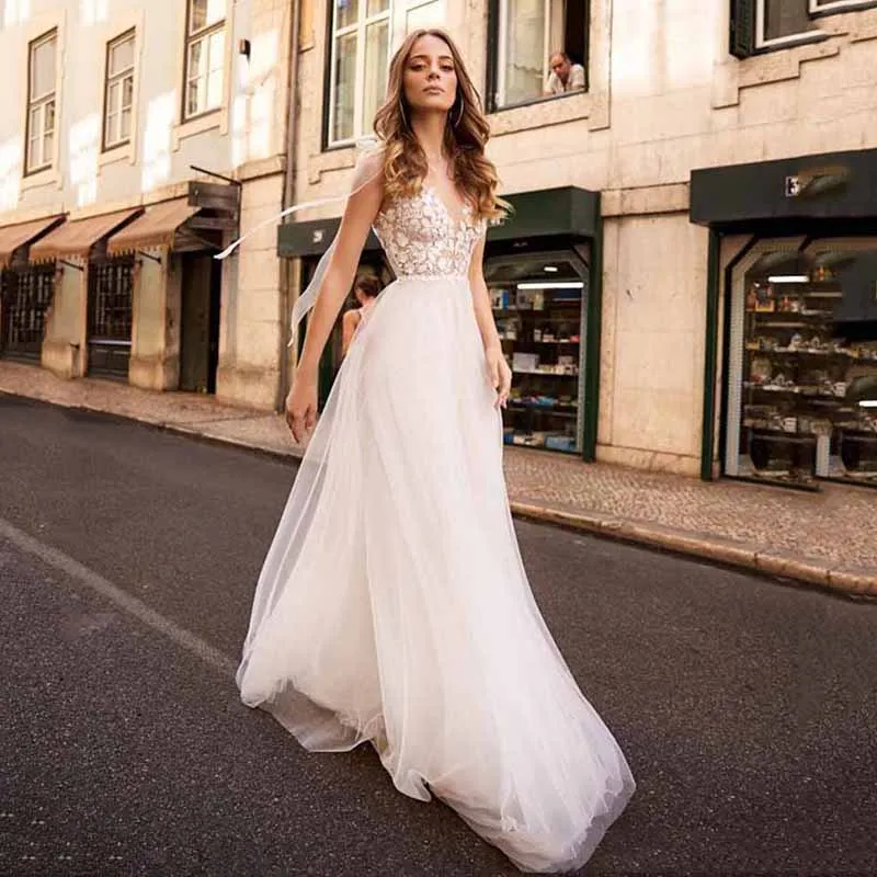 

Hi Shy Bridal New simple wedding dress backless sleeveless design chiffon lace bride dresses princess dress plus size 2021