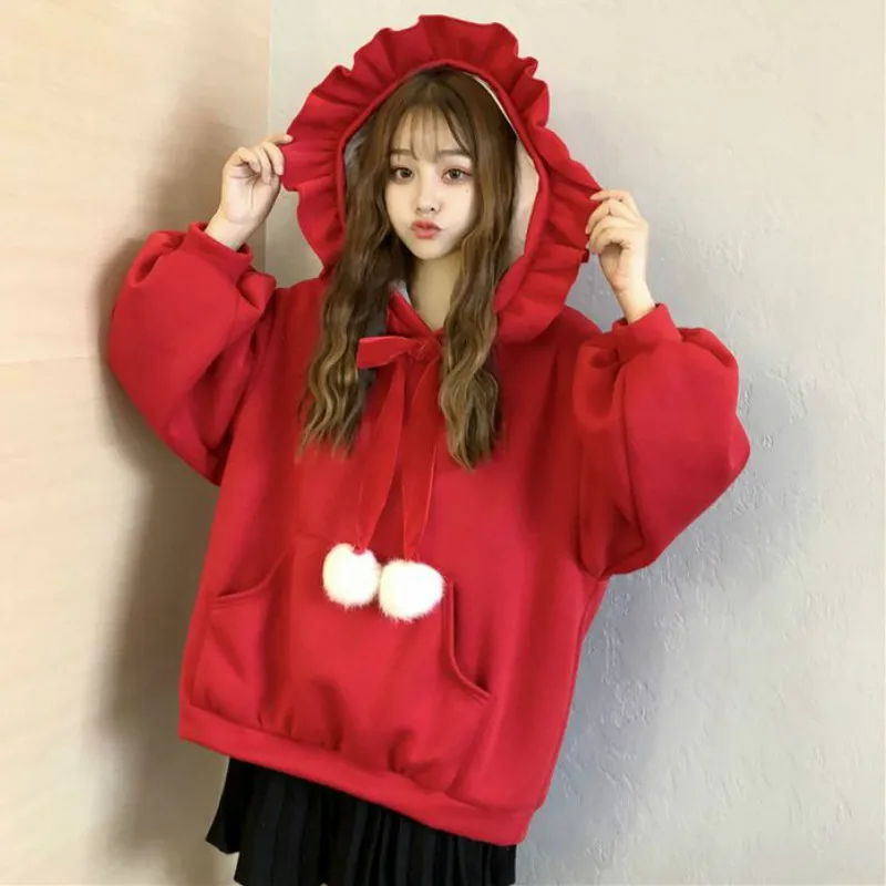 

Hoodies Women Thicker Solid Pullover Hairball Ruffles Kawaii Sweet Girls Student Cosplay Colorful Females Winter Sweatshirts Hot