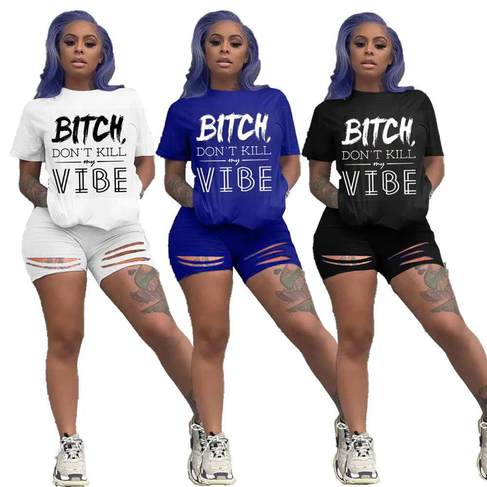 

3 Color Letter Print Two Piece Set Hot Sale Summer Casual O Neck Pocket T-shirt And Matched Hole Shorts Tracksuit
