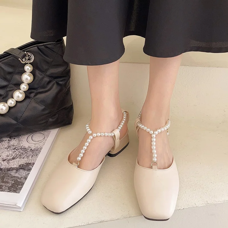 

Female Sandal Black Shoes for Women 2021 Summer Med All-Match Clear Heels Girls Beige New Comfort Medium Fashion Closed Pearl