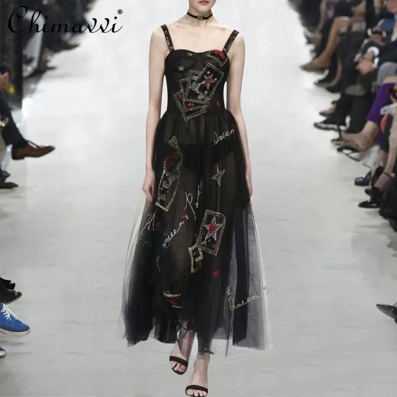 

High-End Black Maxi Dress Women 2021 Summer Fairy Mesh Embroidery Sexy Camisole Formal Dress High Waist Slimming Noble Dress New