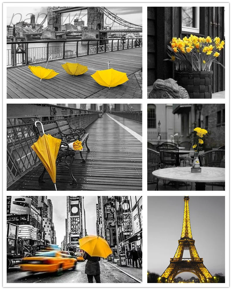 

5D Diy Diamond Painting Full Drill Black Yellow Modern City Cross Stitch Kit Diamond Embroidery Rhinestone Art Home Decoration