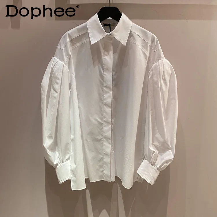 

Elegant Long Sleeve Blouse Girls 2021 Early Spring New Puff Sleeve Stitching Design White Loose Cotton Shirts Women Tops Trendy