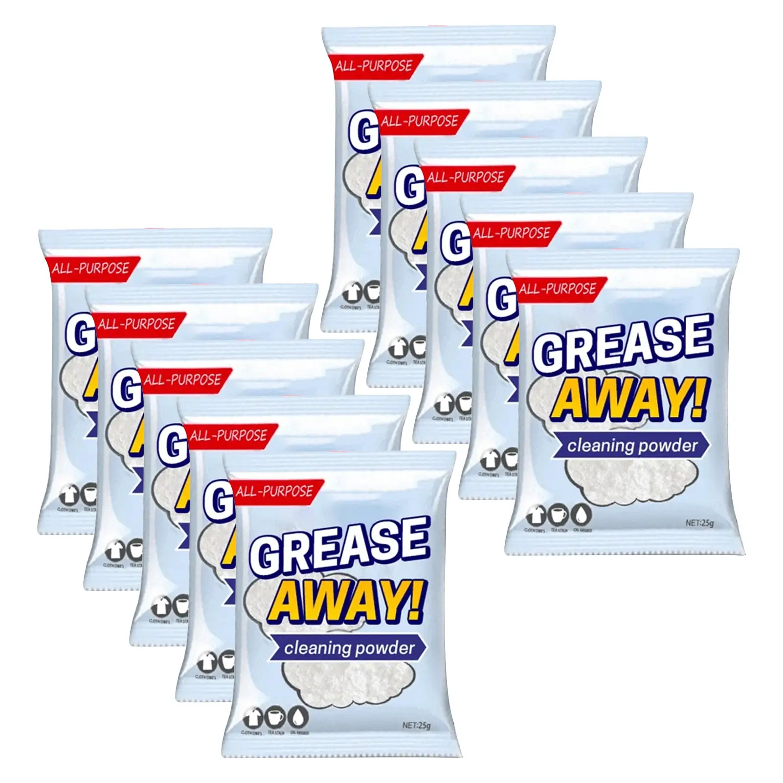 

10 Packs GreaseAway Cleaning Powder No Damage Stain Remover Degreaser Dirt And Stubborn Stains Kitchen Powder Cleaner