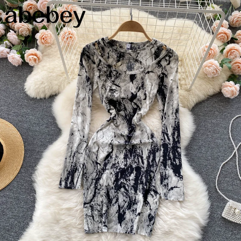 

New Design Tie Dye Dress Women Fashion Hollow Long Sleeve Slim Party Dresses Autumn Chic Korean Streetwear Short Dress