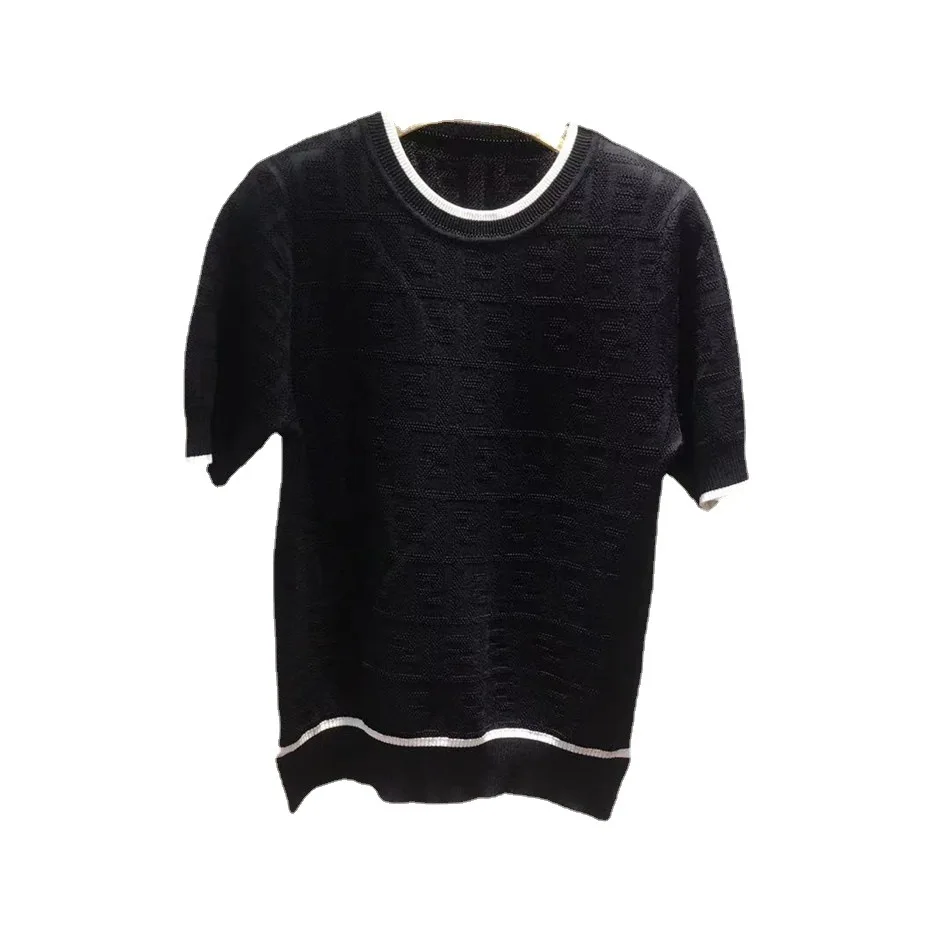 

2021 summer fashion quality new female three round collar short sleeve blouse T jacquard English letters sweater