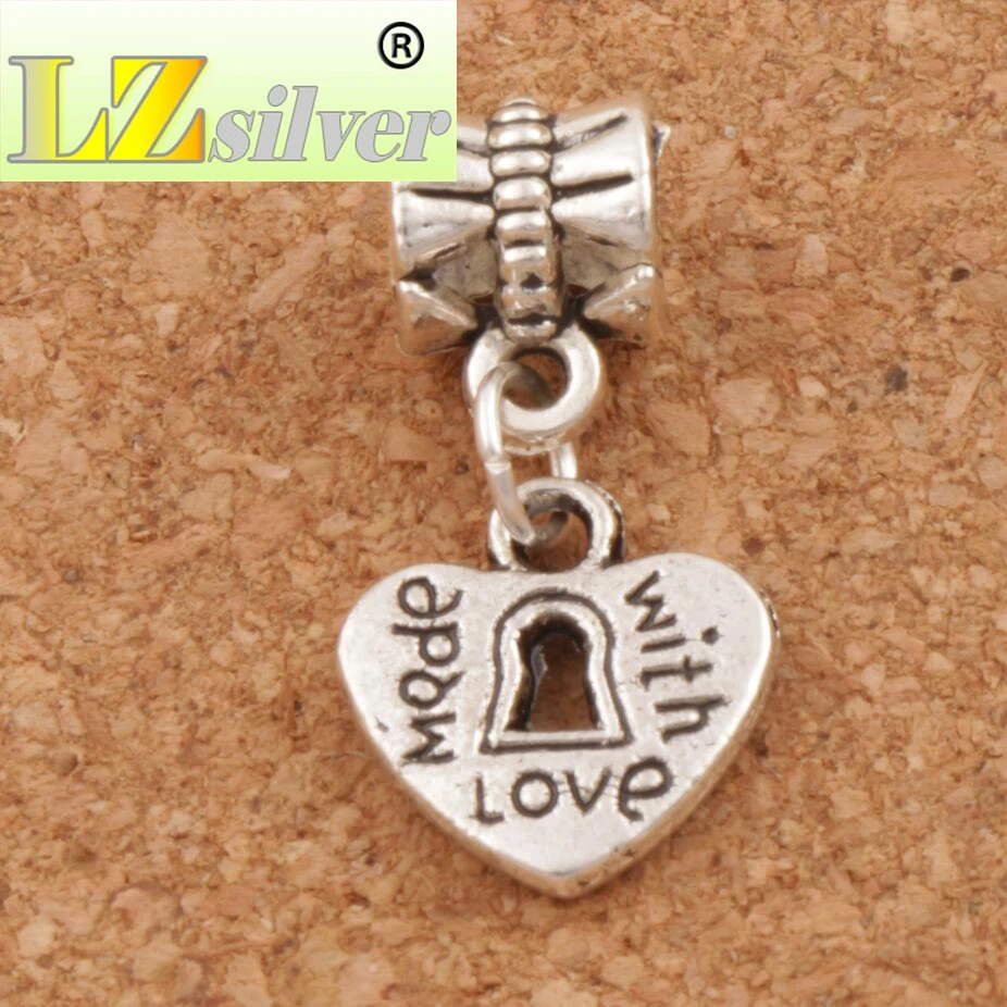 Made With Love Heart With Keyhole Big Hole Beads 12x23mm 100pcs zinc alloy Fit European Charm Bracelets Jewelry DIY B899