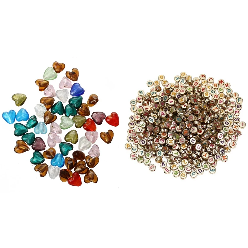 

50Pcs Murano Glass Beads Pendant HEART 12MM with 1000Pcs Acrylic Gold Bottom Colored English Letter Beads