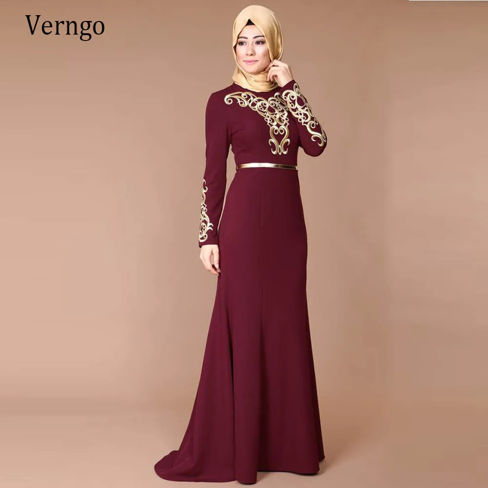 

Verngo бордовые, с длинными рукавами Вечерние платья-русалки, марокканский кафтан, вечерние платья с золотой вышивкой, Дубай, арабские официал...