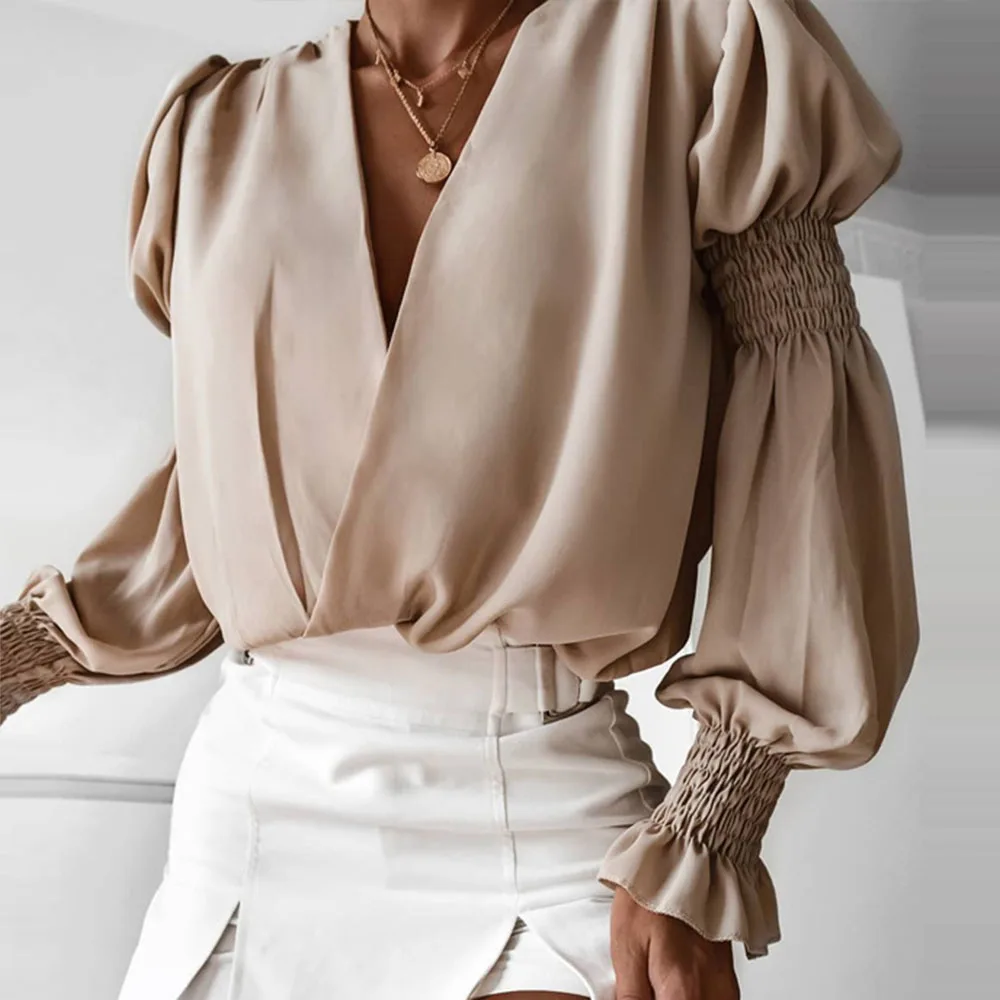 

Sexy Deep V-Neck Chiffon Blouse Women Long Puff Sleeve Chic Tops Femme 2021 Fashion Office Women's Blouses and Shirts