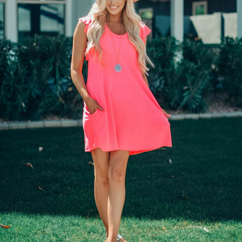 

Женское мини-платье с коротким рукавом, круглым вырезом и карманами