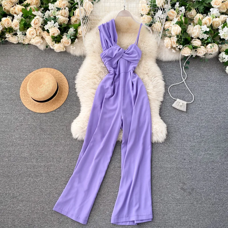 

Jumpsuit Women 2021 Elegant Asymmetrical Polyester Casual Solid Wide Leg Full Length Sexy One Piece Outfit Woman Fashion Pants