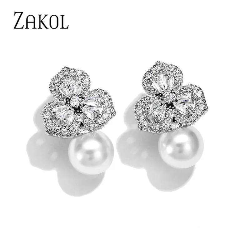ZAKOL модные милые изысканные серьги гвоздики с жемчугом и кристаллами AAA цирконий