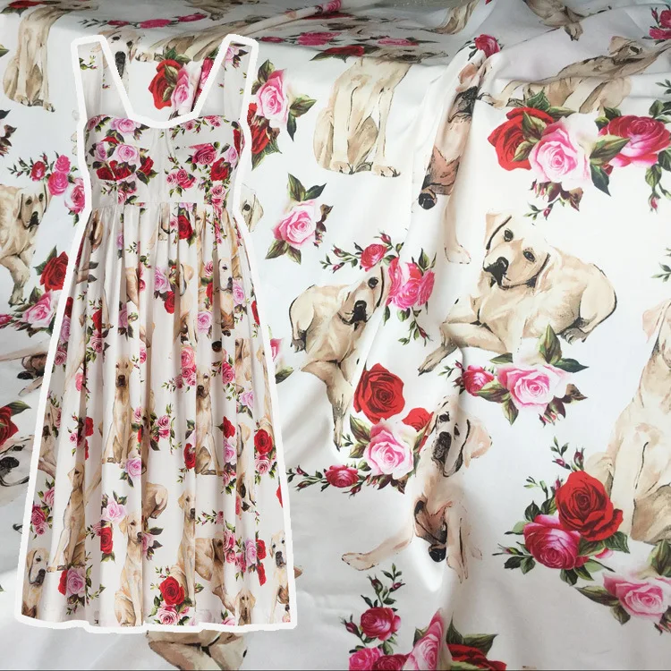 

145 см ширина, модная собака/Роза, цветочный принт, имитация хлопка, ткань для женщин, платье, блузка, брюки, DIY тканевый швейный материал
